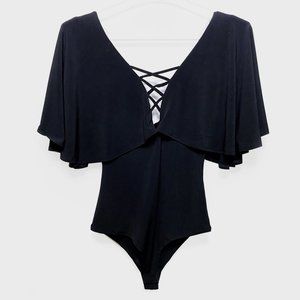 Black Cape Plunge Lace-Up Body-Suit by Forever21